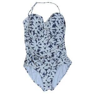 Anne Cole One Piece Swimsuit Navy Floral Print Halter‎ Ruched Women's 16